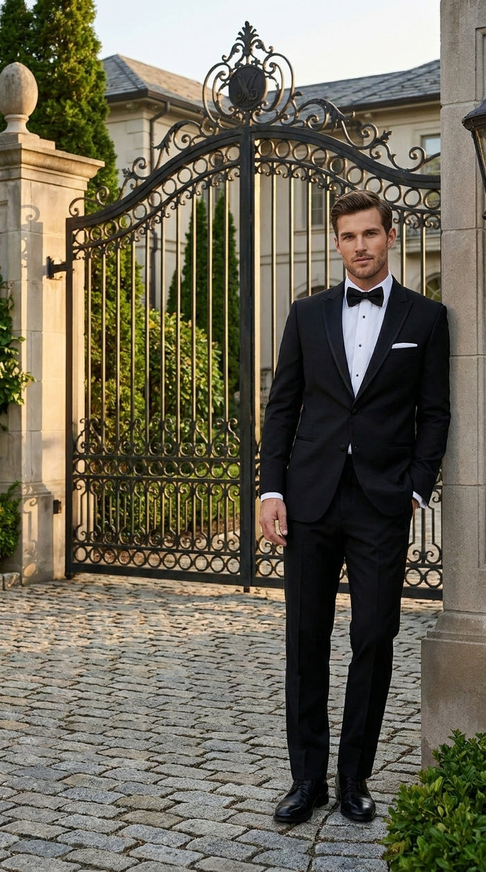 Men’s Black Designer Peak Trim Ashton Tuxedo with Satin Lapel, Formal Wedding Dinner Suit