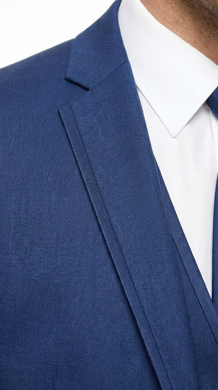 Men’s Blue 3 Piece Vested Tuxedo with 2 Button Jacket, Satin Trim and Matching Pants