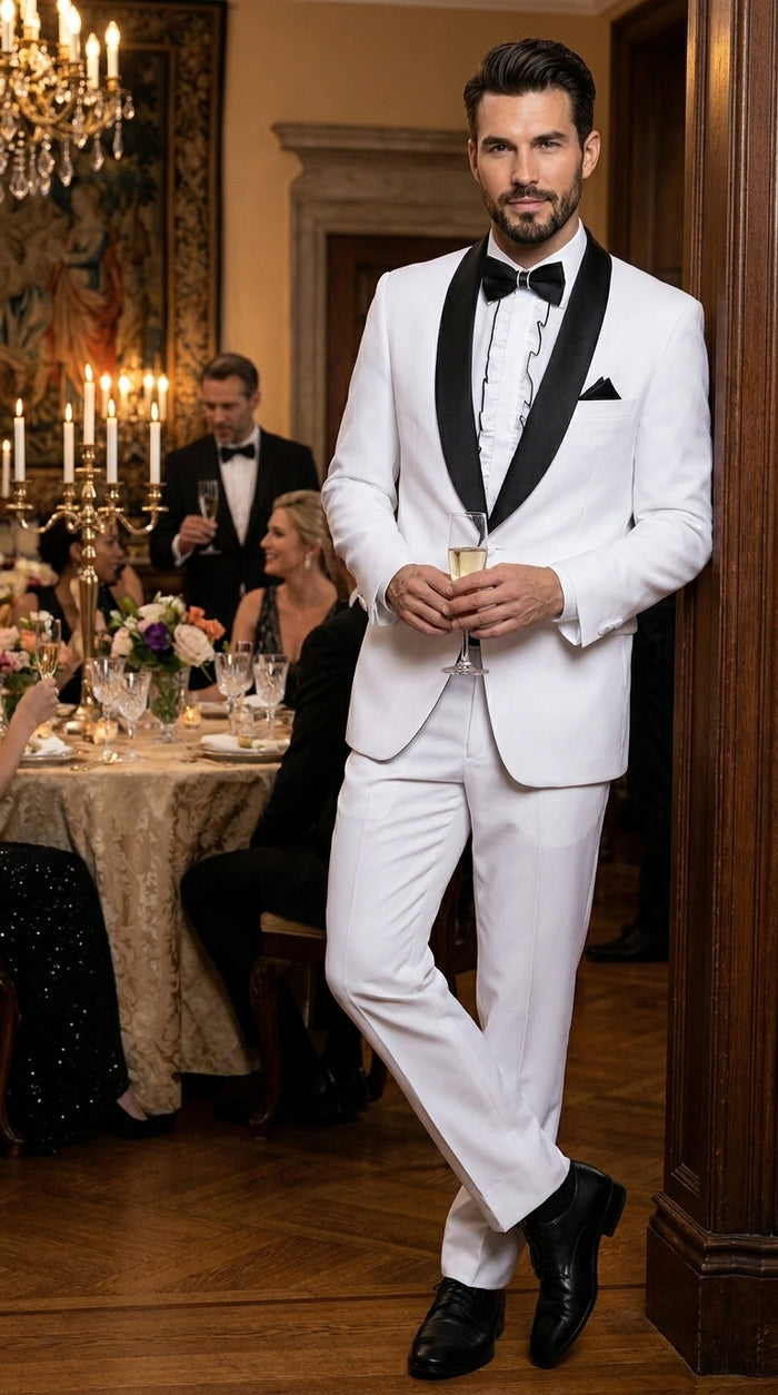 Men’s White and Black Classic Microfiber Shawl Tuxedo with Jacket and Pants, Formal Wedding Suit