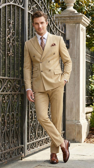 Mens Designer Modern Fit Double Breasted Designer Camel Gold Buttons Suit