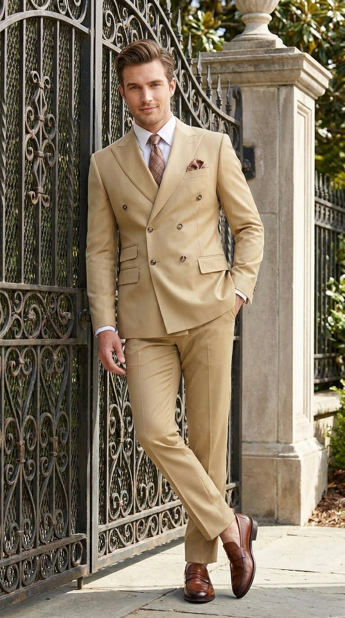 Mens Designer Modern Fit Double Breasted Designer Camel Gold Buttons Suit