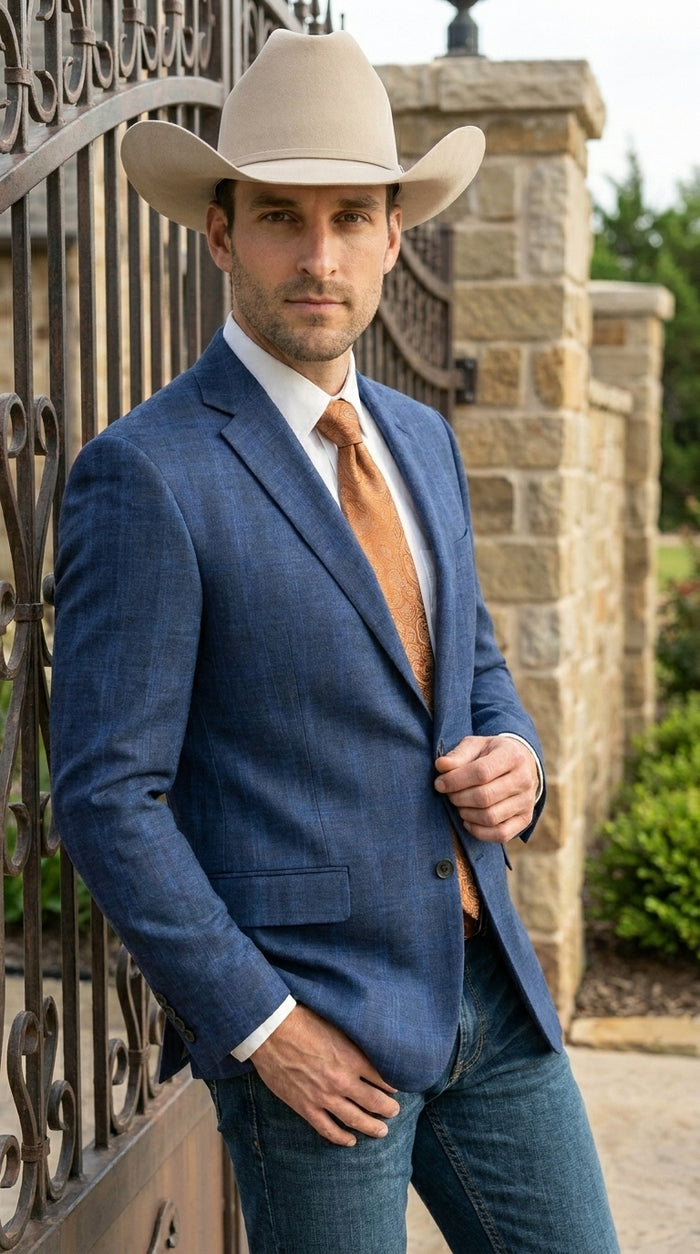 Men’s Dark Blue Western Sport Coat with Two Button Front, Notch Lapel Designer Blazer Jacket