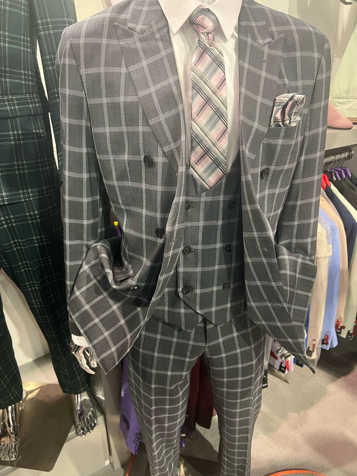 Mens Gray Checkered 3 Piece Double-Breasted Suit Slim Fit Formal Outfit - Vested Glend Plaid Pattern Checkered