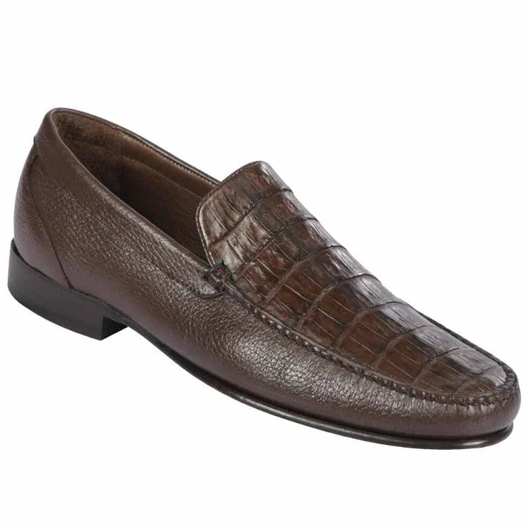 Mens Brown Genuine Crocodile and Calfskin Leather Slip-On Dress Shoes
