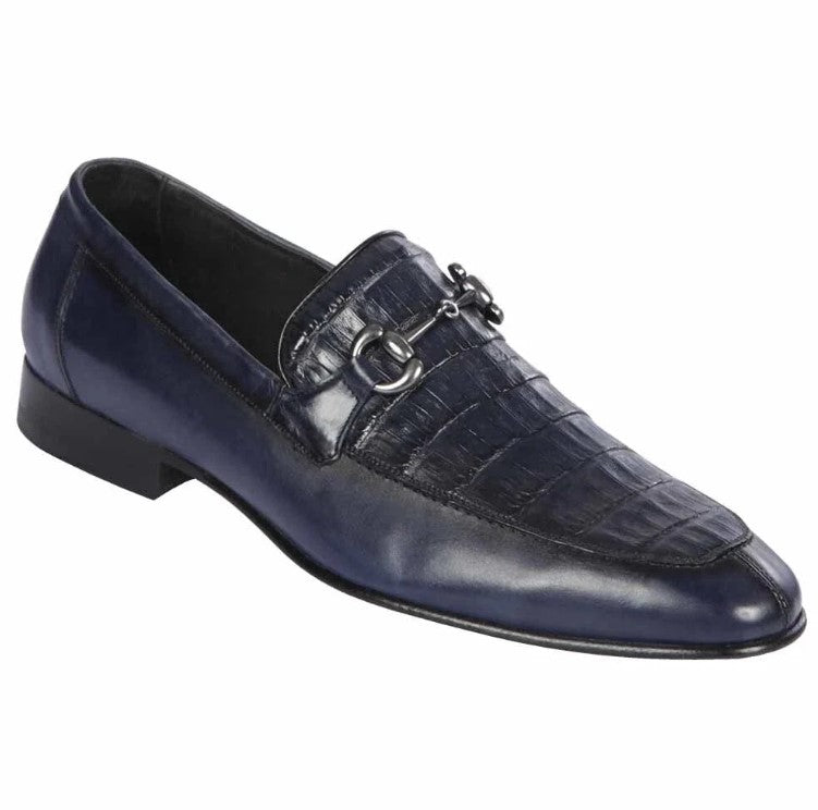 Mens Navy Exotic Leather Slip-On Loafers Genuine Crocodile and Calfskin Blend