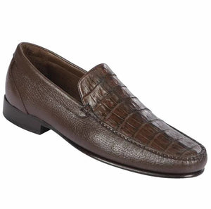 Mens Brown Exotic Leather Slip-On Loafers  Genuine Crocodile and Calfskin