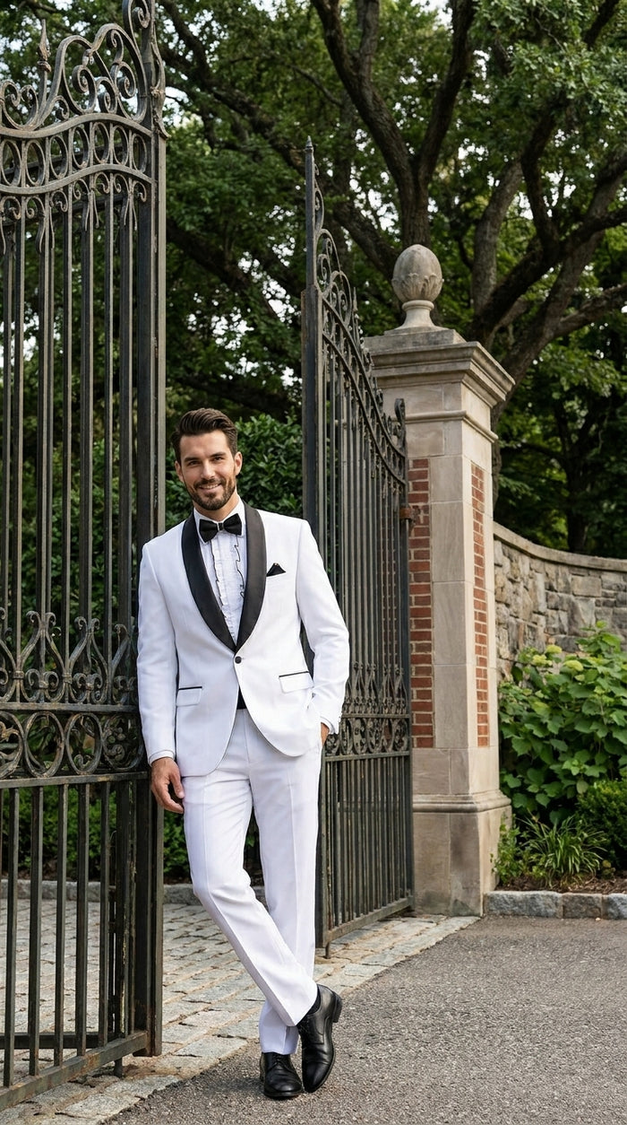 Men’s White and Black Classic Microfiber Shawl Tuxedo with Jacket and Pants, Formal Wedding Suit
