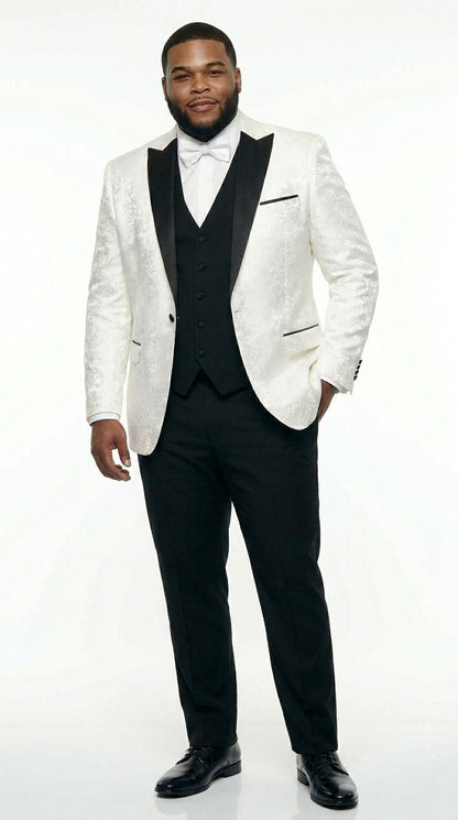 Men’s White Shiny Paisley Flower Pattern Tuxedo Jacket with Black Lapel, Formal Wedding Blazer