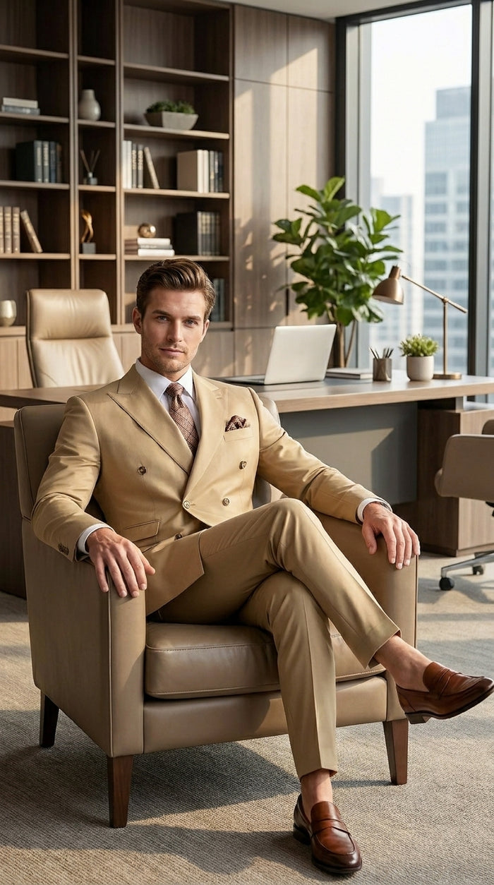 Mens Designer Modern Fit Double Breasted Designer Camel Gold Buttons Suit