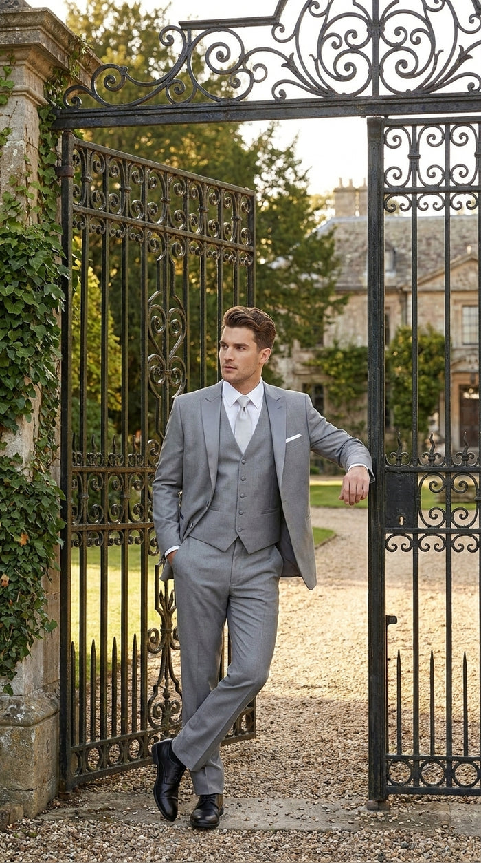 Men’s Light Grey Vested Tuxedo with One Button Jacket, Peak Lapel and Matching Pants
