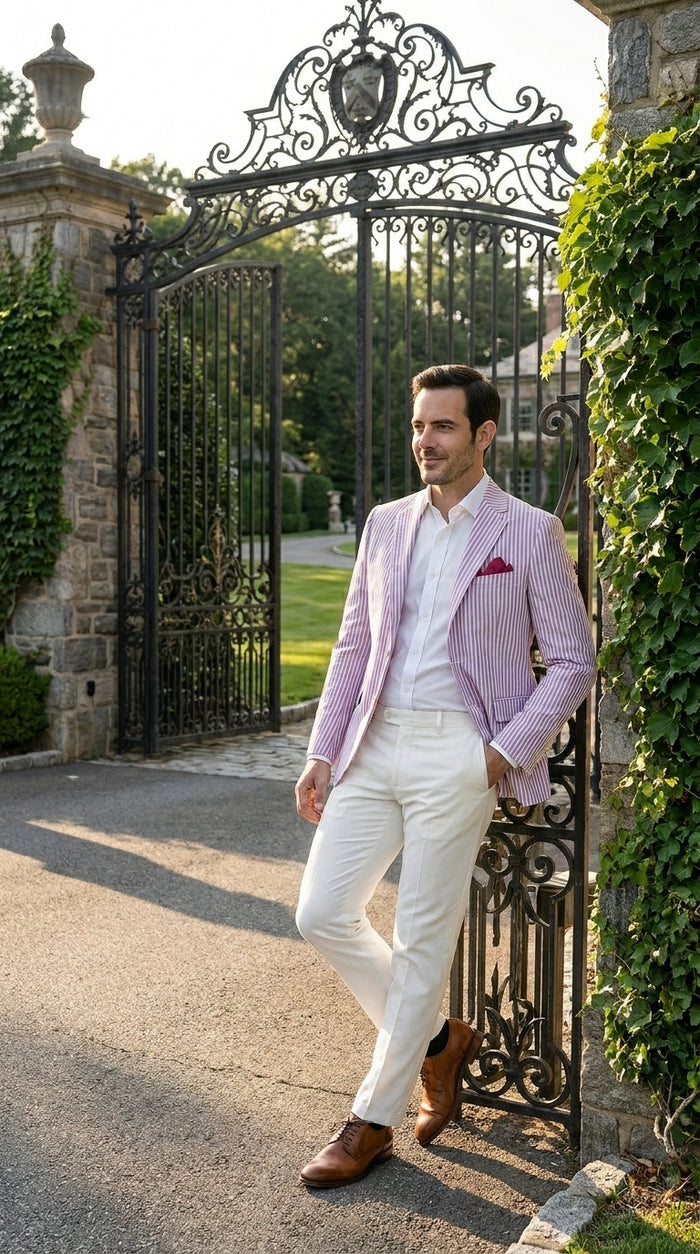 Men's Italian Lavender Seersucker Blazer Lightweight Summer Striped Suit Jacket