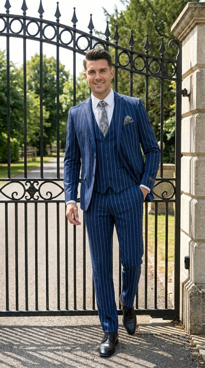 Men’s Navy Blue 1920s Gangster Stripe Vested Suit with White Pinstripes, 2 Button Dress Suit