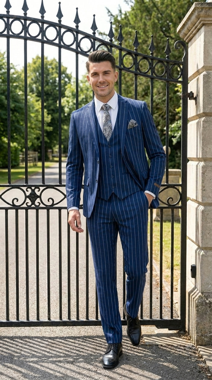Men’s Navy Blue 1920s Gangster Stripe Vested Suit with White Pinstripes, 2 Button Dress Suit