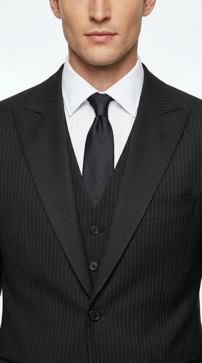 Vitali Mens Black Tone on Tone Shadow Stripe Vested Suit Set – 3 Piece Modern Fit Pinstripe Two Buttons