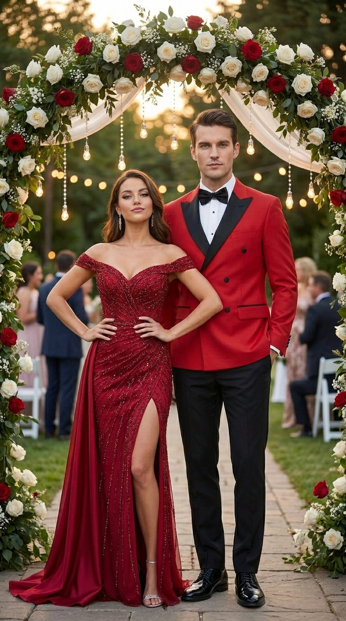 Men’s Red Double Breasted Wool Tuxedo with Black Lapel, Formal Wedding Prom Dinner Jacket