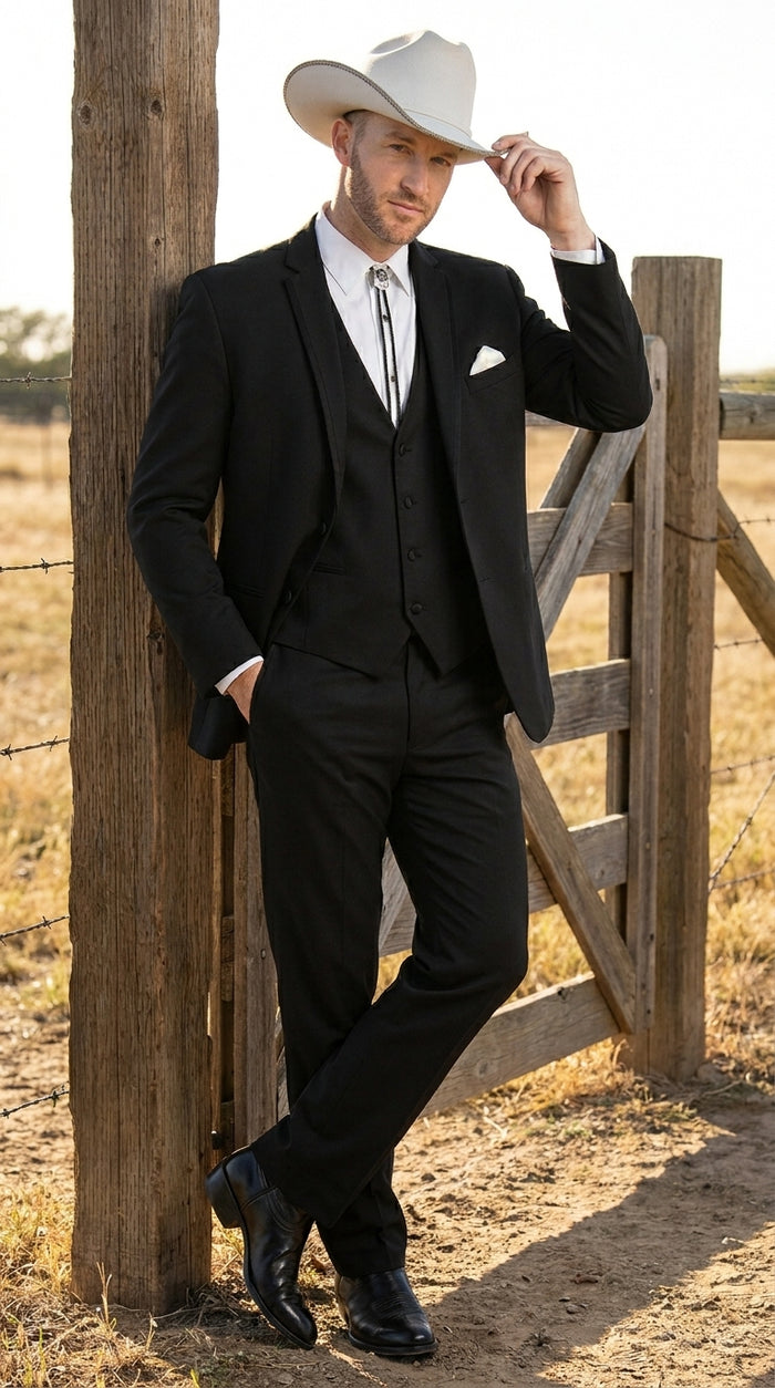 Men’s Black Western Wedding Suit with Vest and Pants, Cowboy Tuxedo Formal Dress Suit