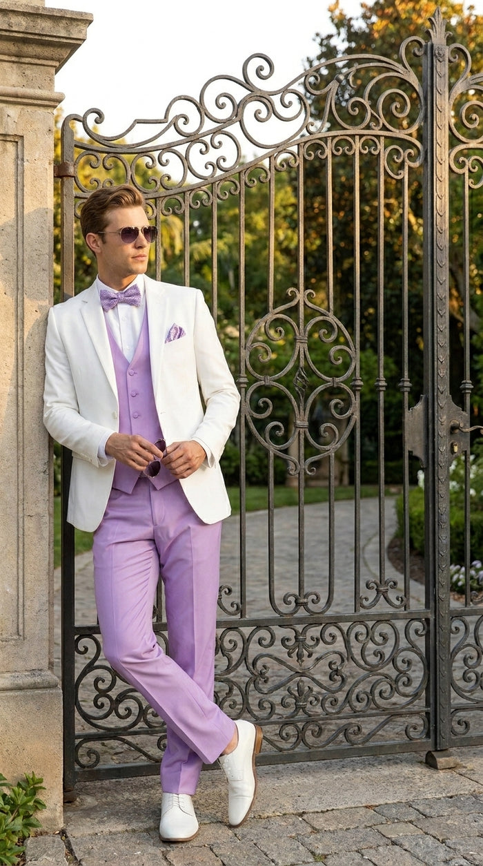 Men’s White and Lavender Tuxedo Wedding Suit with Dinner Jacket, Vest, Pants and Bow Tie