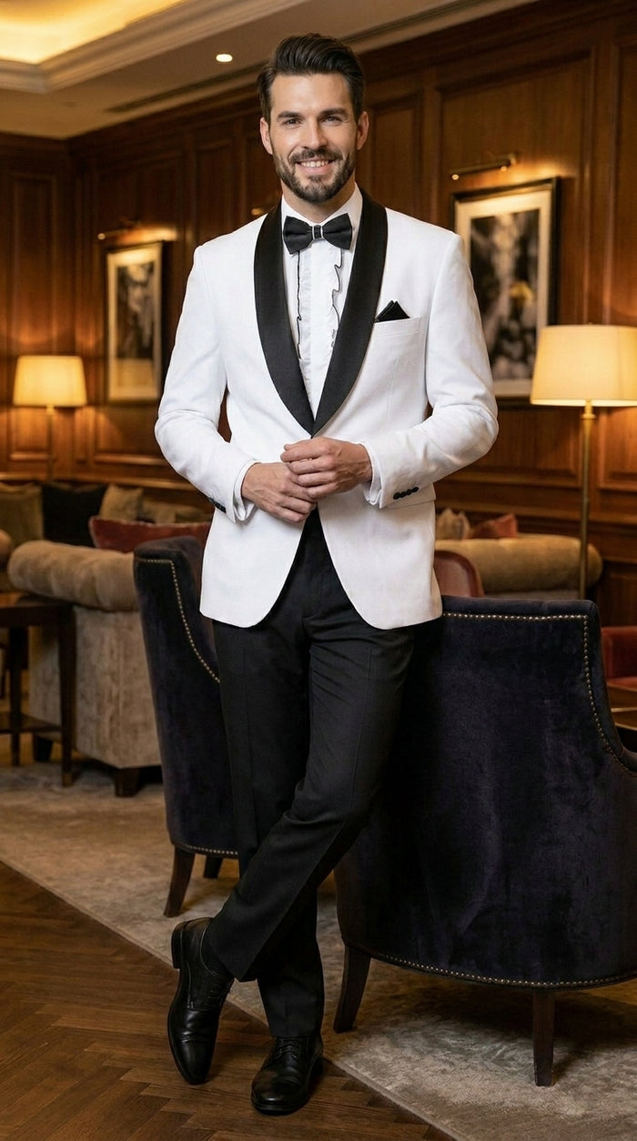 Men’s White and Black Classic Microfiber Shawl Tuxedo with Jacket and Pants, Formal Wedding Suit