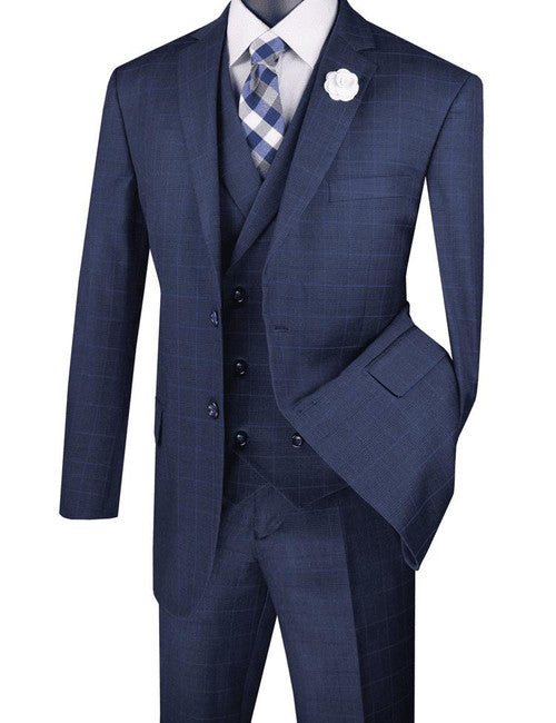 1920s Blue Square Plaid Mens Suit 3 Piece Regular Fit Vinci V2RW-13