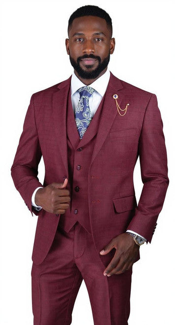 1920s Burgundy Square Plaid Mens Suit 3 Piece Lapel Vest Vinci V2RW-13