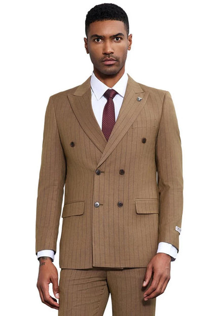 1920s Great Gatsby Suit for Men – Camel Double Breasted Pinstripe