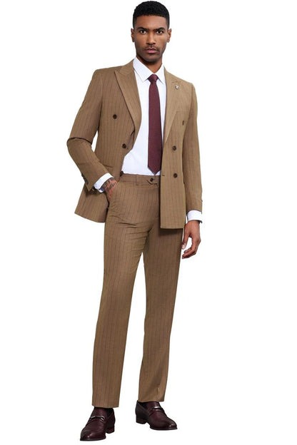 1920s Great Gatsby Suit for Men – Camel Double Breasted Pinstripe
