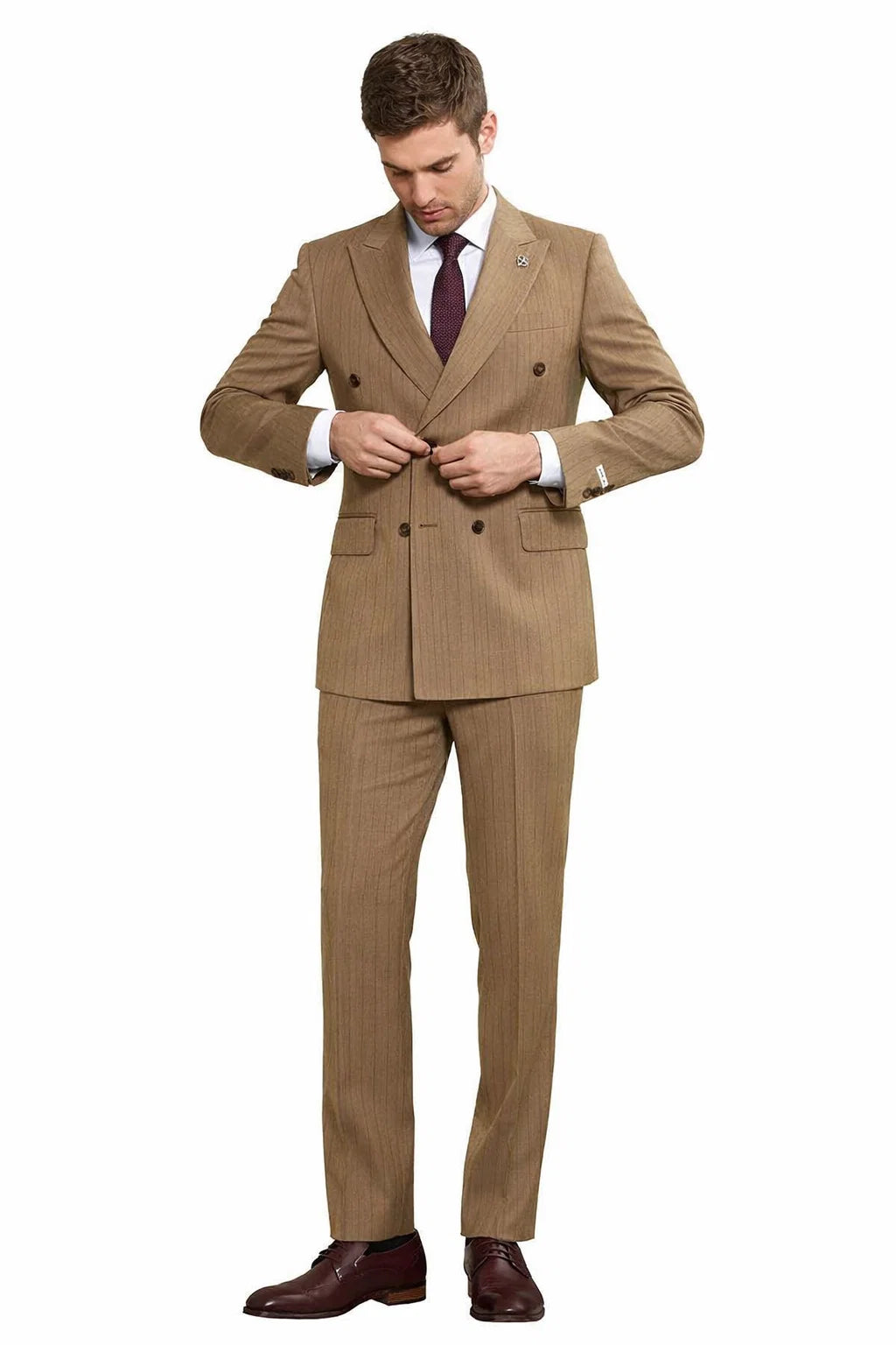 1920s Great Gatsby Suit for Men – Camel Double Breasted Pinstripe