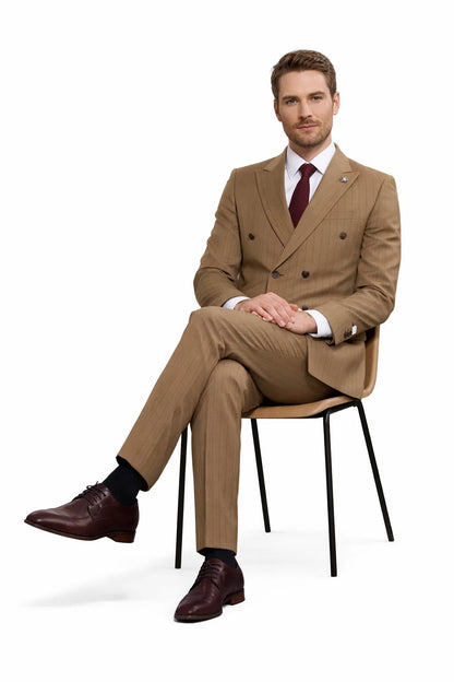 1920s Great Gatsby Suit for Men – Camel Double Breasted Pinstripe