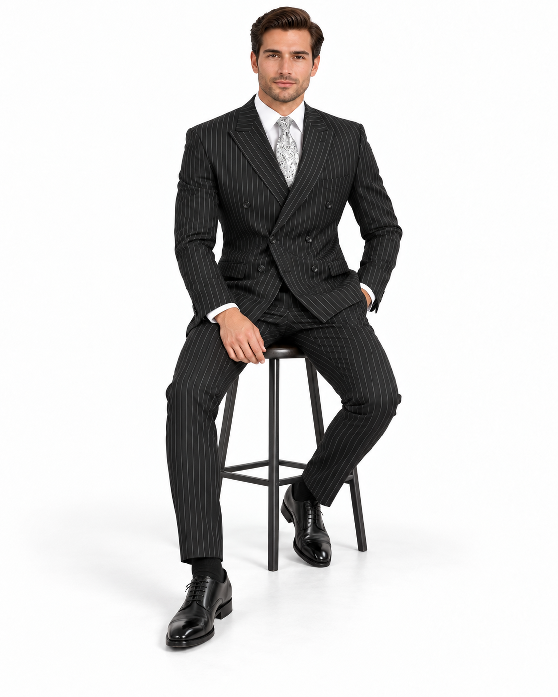 Pleated Suit - Mens Suits With Pleated Pant -  Regular Fit Suit - Bold Black Pinstripe Suit