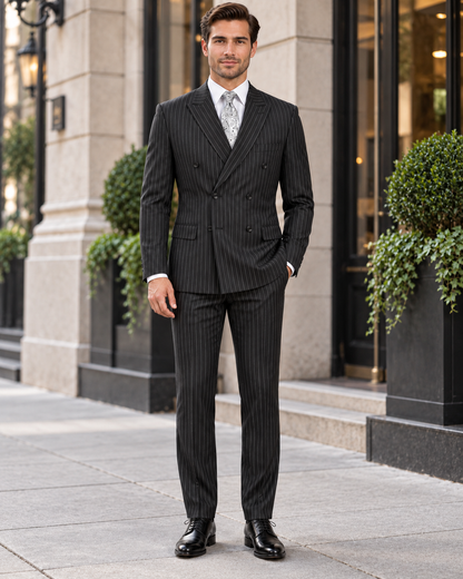 Pleated Suit - Mens Suits With Pleated Pant -  Regular Fit Suit - Bold Black Pinstripe Suit