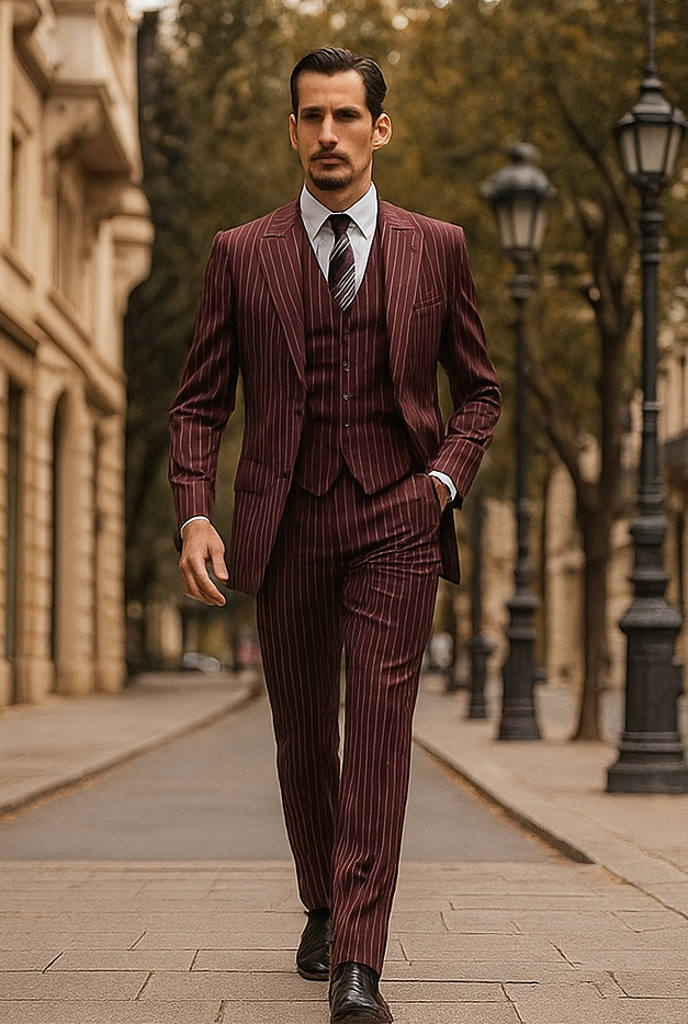1920s Mens Suit - 1920s Mens Outfit - 1920s  costume  Bold Pinstripe Wide Suit in Burgundy