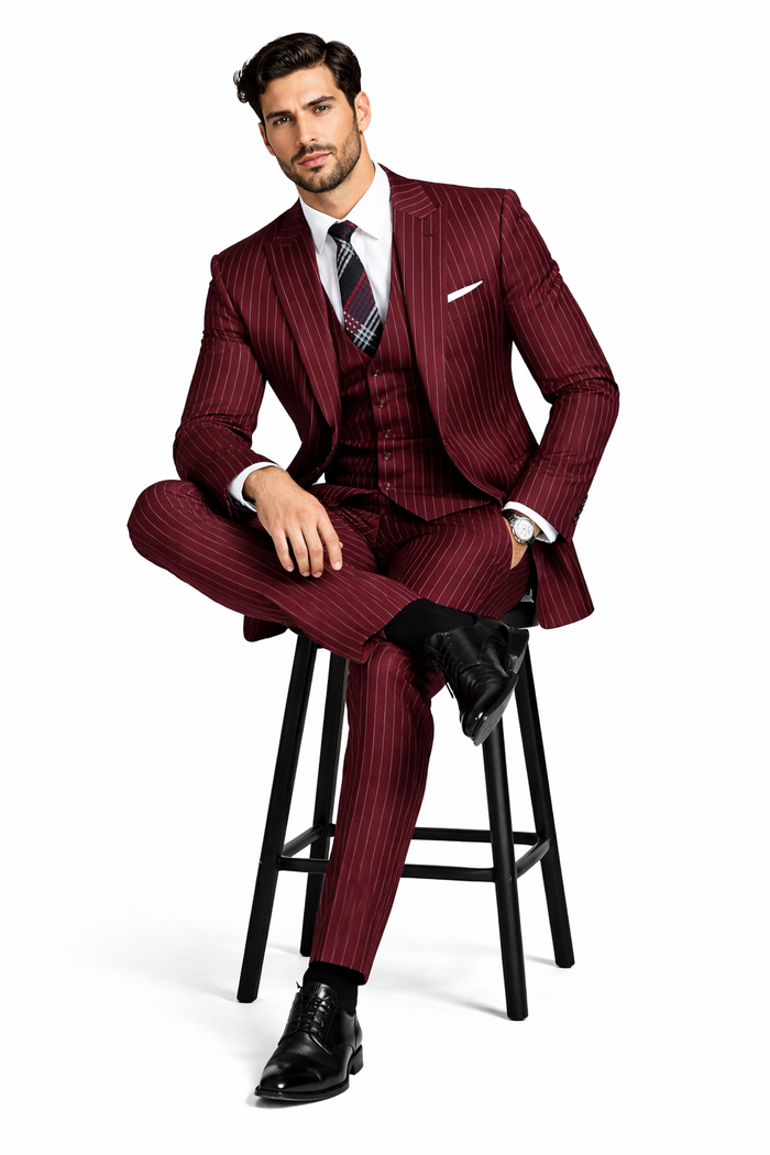 1920s Mens Suit - 1920s Mens Outfit - 1920s  costume  Bold Pinstripe Wide Suit in Burgundy