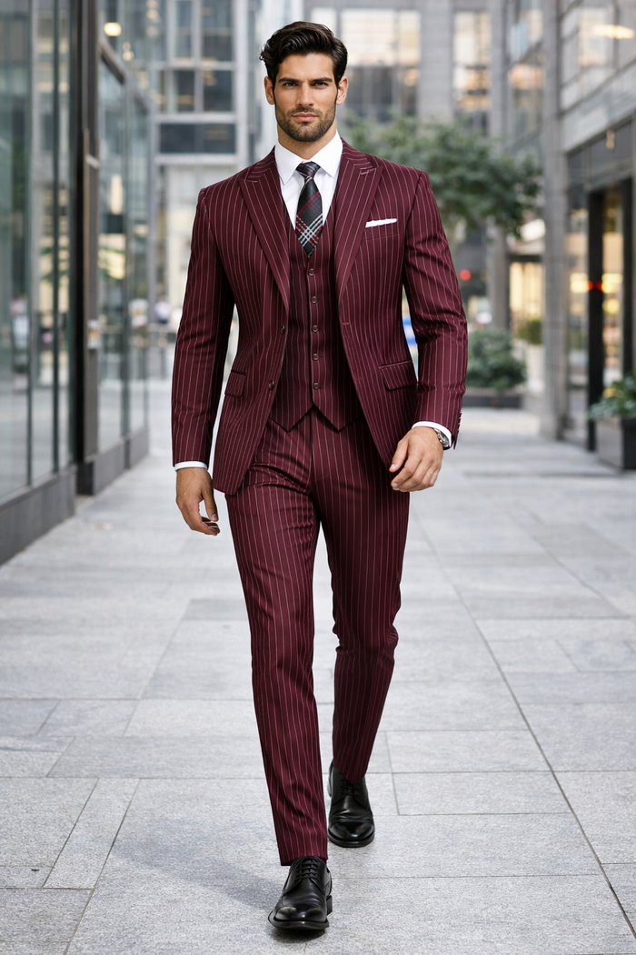1920s Mens Suit - 1920s Mens Outfit - 1920s  costume  Bold Pinstripe Wide Suit in Burgundy