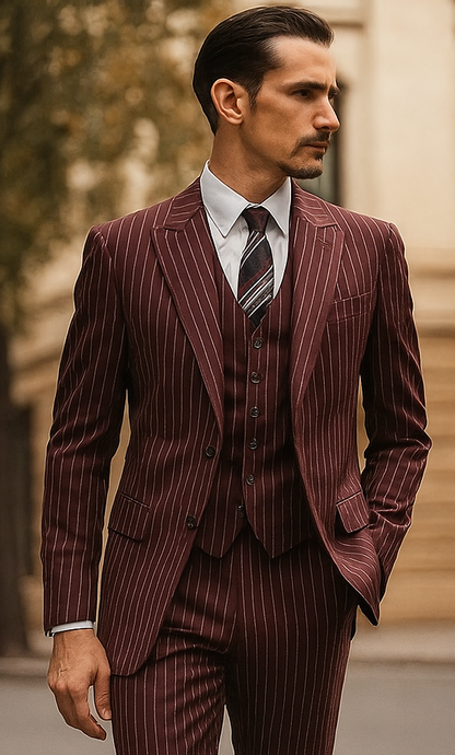 1920s Mens Suit - 1920s Mens Outfit - 1920s  costume  Bold Pinstripe Wide Suit in Burgundy