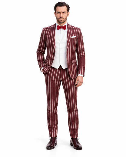 1920s Mens Vested Bold Gangster Pinstripe Suit in Burgundy
