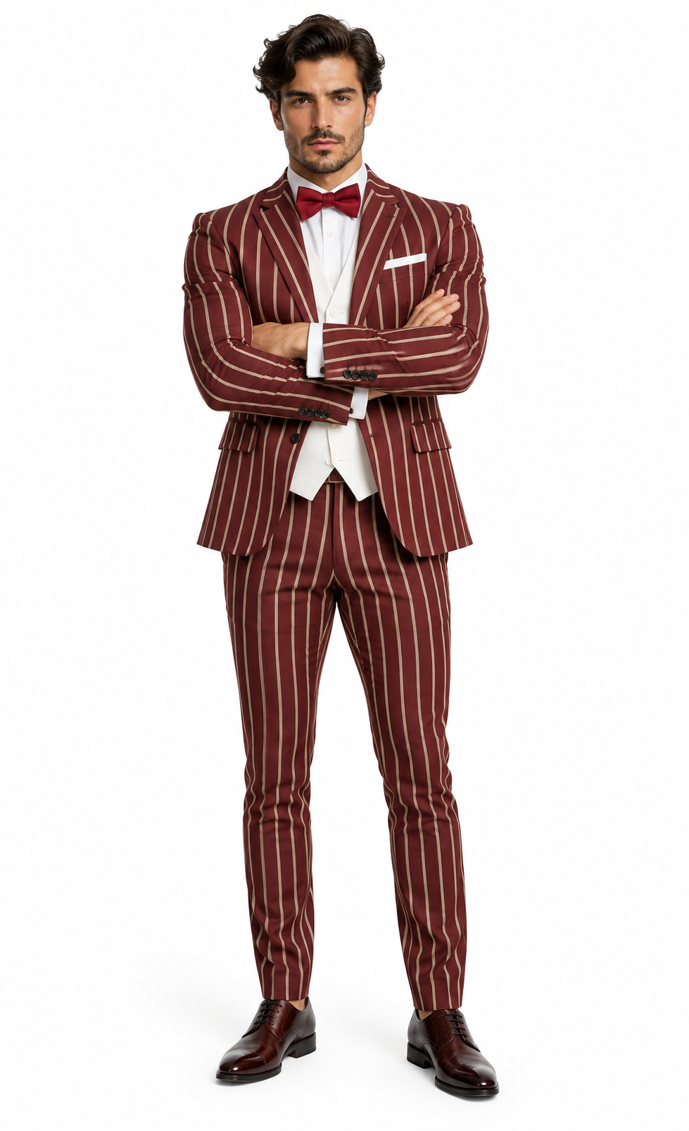 1920s Mens Vested Bold Gangster Pinstripe Suit in Burgundy