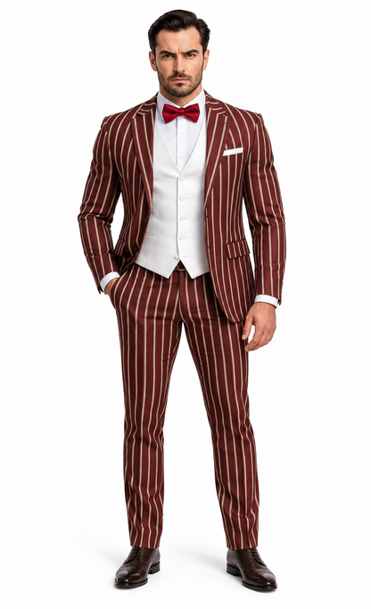 1920s Mens Vested Bold Gangster Pinstripe Suit in Burgundy