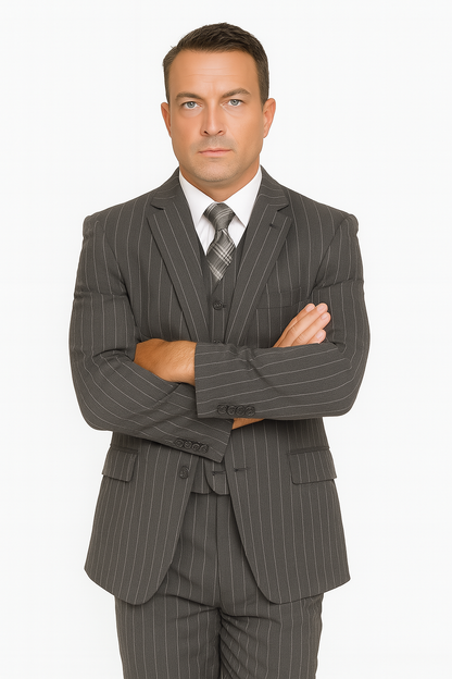 Mens Modern Fit Venetian Gatsby Suit  Charcoal Pinstripe with Vest - Banker Stripe