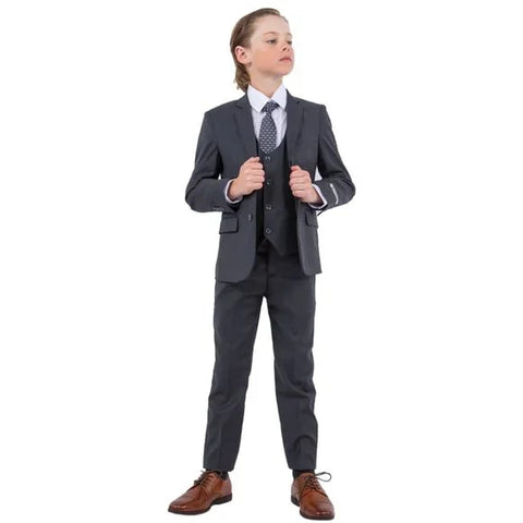 Exclusive Stacy Adams 5pc Boys Suit Solid Slim Fit, Charcoal Grey - Men's Tuxedo USA