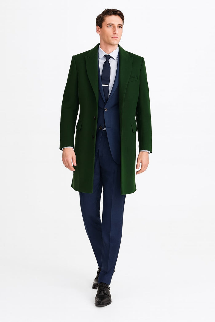 Mens Dark Green Wool Overcoat  Classic Long Coat for Formal and Casual Style