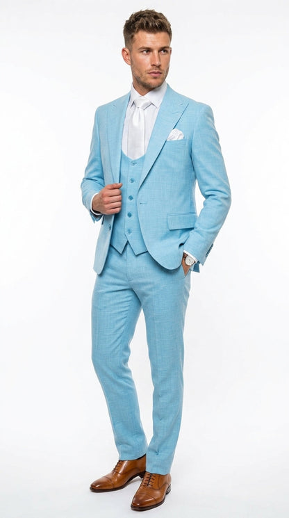 Men’s Turquoise Light blue Suit, Vested Formal Dress Suit for Weddings, Prom, Summer Parties, and Special Occasions in Aqua Blue Color By Rossiman