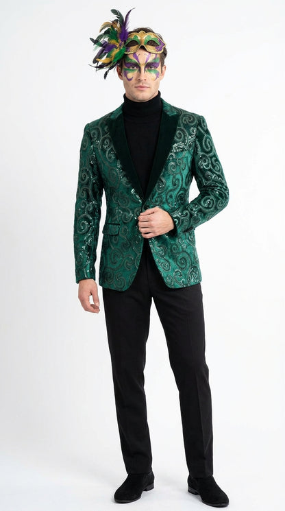 Emerald Green Mardi Gras Blazer With Black Satin Lapel – Paisley Swirl Pattern Formal Party Jacket for Men