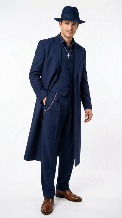 Mens Navy Blue 1920s Zoot Suit  Long Mafia Gangster Three-Piece Vintage Costume Set Zuit Pachuco Style