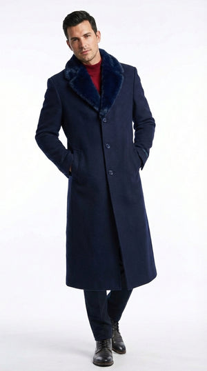 Men’s Dark Navy Blue Long Overcoat with Faux Fur Collar, Classic Winter Dress Coat for Formal