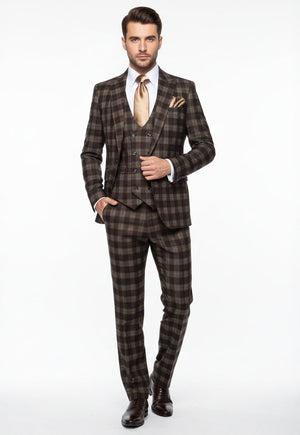 Men’s Brown Plaid Windowpane Three-Piece Suit Set – Classic Slim Fit Jacket, Double-Breasted Vest and Modern Fit Pants  By Rossiman