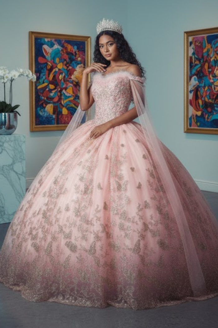 Glitter Butterfly Applique Cape Sleeves Quinceanera Gown