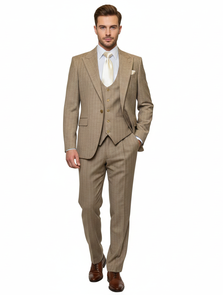 Mens Beige Pinstripe Three-Piece Suit  Classic Fit Formal Suit with Vest and Flat-Front Pants in Tan Stripe By Rossiman