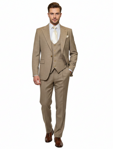 Men’s Beige Pinstripe Three-Piece Suit – Classic Fit Formal Suit with Vest and Flat-Front Pants in Tan Stripe By Rossiman