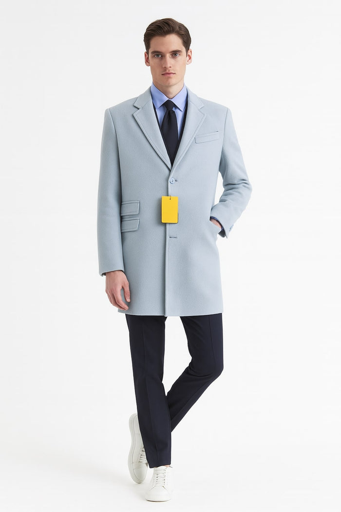Mens Light Blue Wool Overcoat  Modern Long Coat with Classic Tailored Fit in Sky Blue