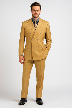 Mens Camel Tan Pinstripe Double-Breasted Suit  Bold 6-Button Modern Vintage Style